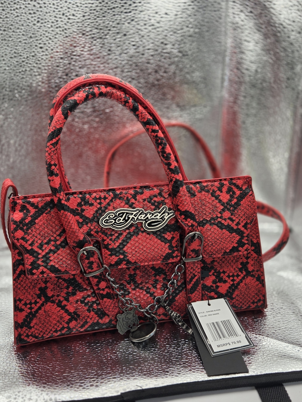 Ed Hardy Red and Black Snake-Print Satchel with Chain Accents